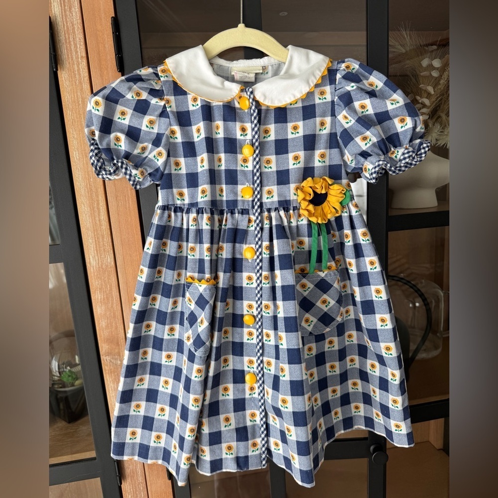 Vintage 90s Sunflowers dress toddler girl gingham applique 3D puff sleeve collar
